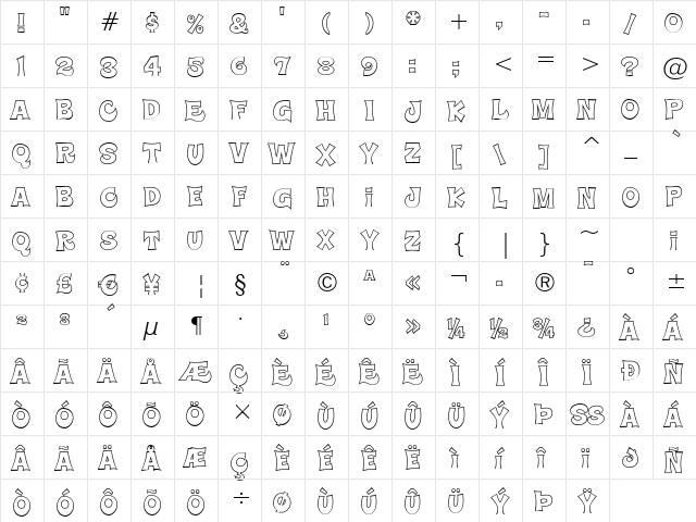Super Delicious BTN Outline Regular  glyph index