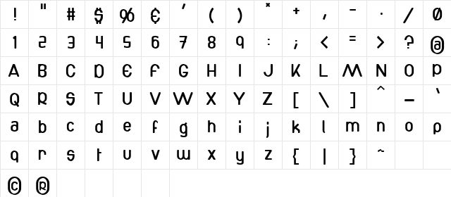 Bottix Regular  glyph index