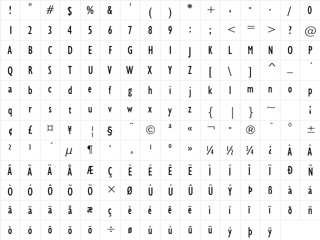 Humanst521 Cn BT Regular  glyph index