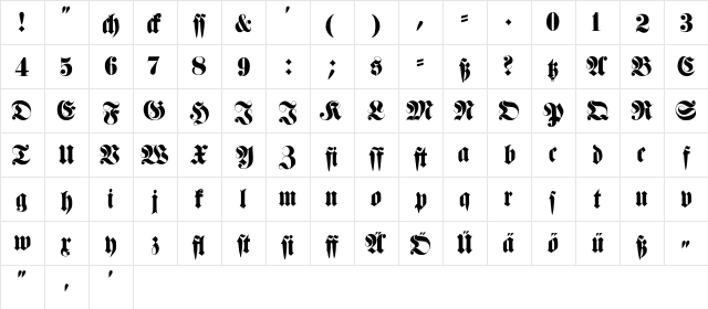 FetteHaenelFraktur Regular  glyph index