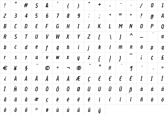 Hybrid Italic  glyph index