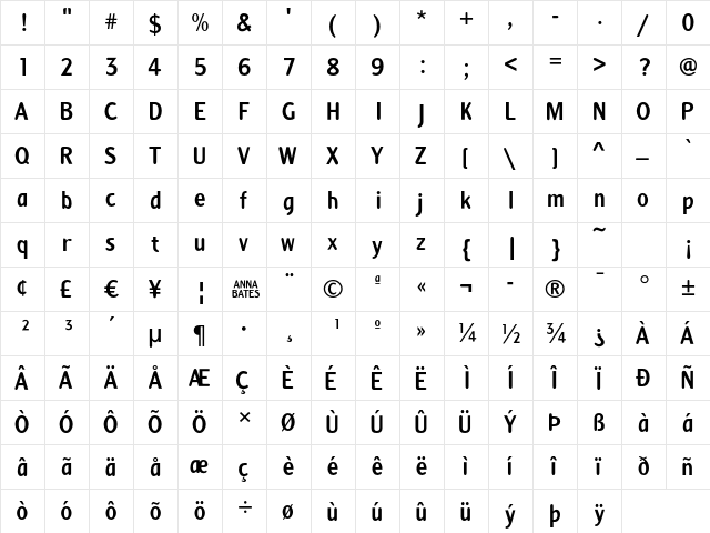 Anna Regular  glyph index