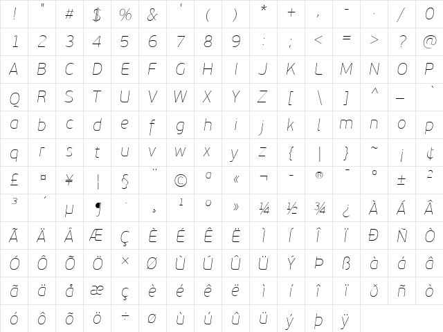 PF BeauSans Pro ExtraThin Italic  glyph index