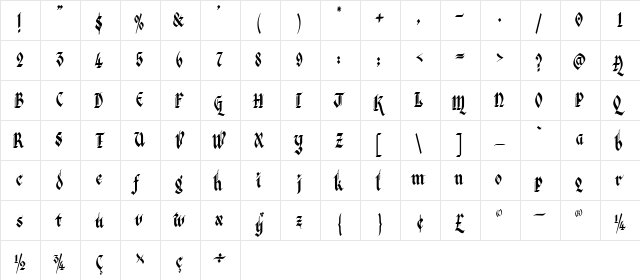 Verona Gothic Regular  glyph index