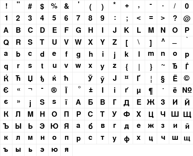 NimbusSanLCY Bold  glyph index