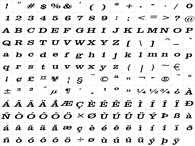 ClareExtended Italic  glyph index