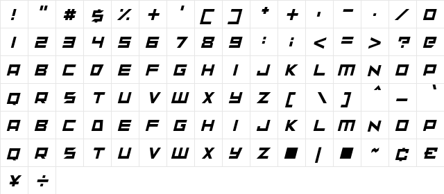 sunspire Italic  glyph index