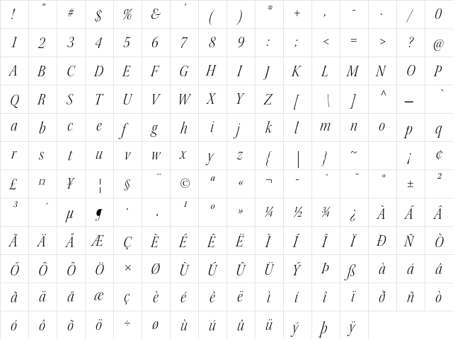 Kepler Std Light Semicondensed Italic Display  glyph index