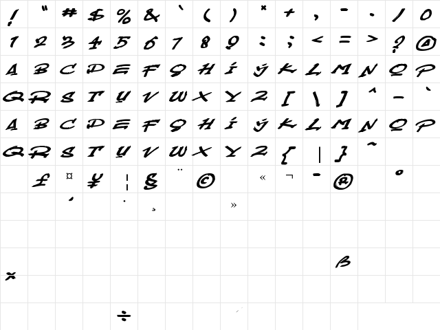Mustbrow Regular  glyph index