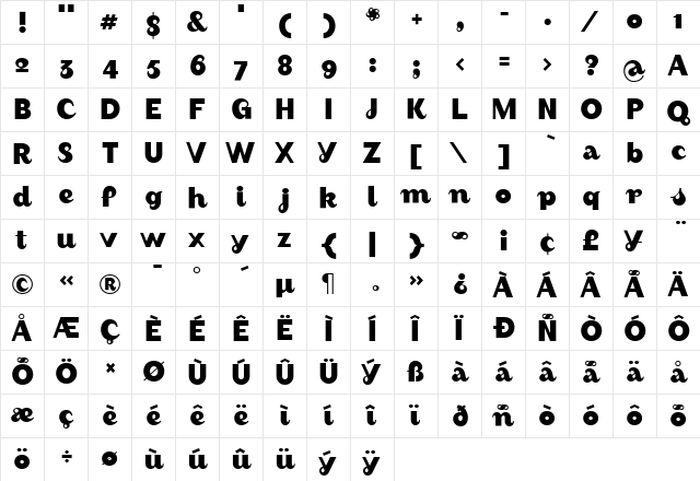 August Bold  glyph index