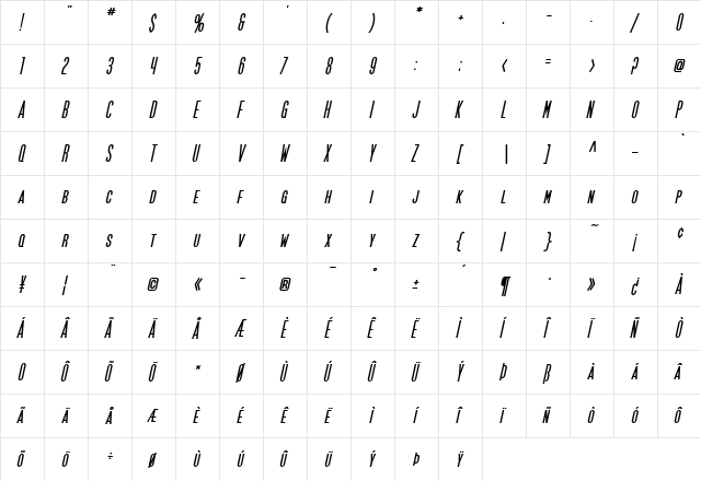 SF Movie Poster Bold Oblique  glyph index