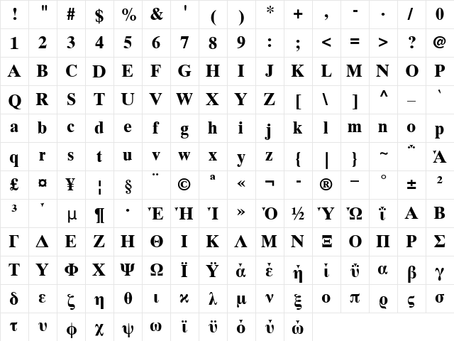 TimesTenGreek Upright Bold  glyph index