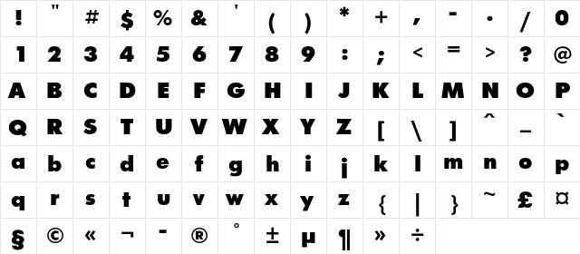 FuturisXC Regular  glyph index