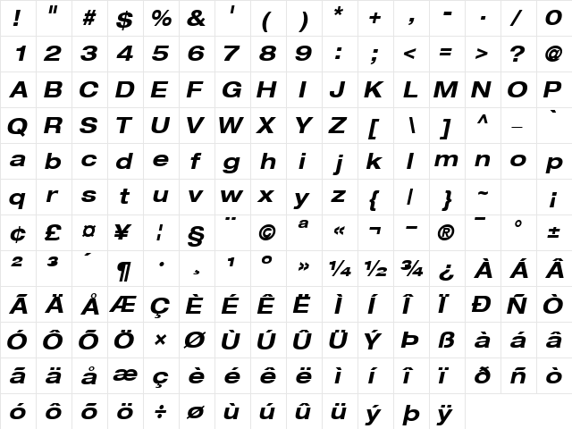 ContextRepriseExpandedSSK BoldItalic  glyph index