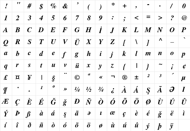 Azari_Kamran.R_Times Bold Italic  glyph index