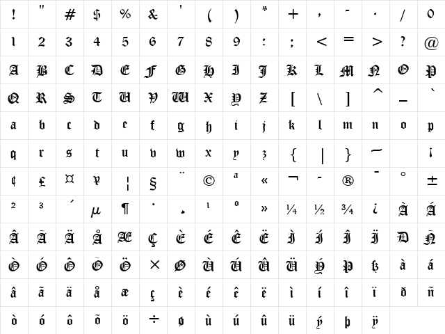 Medieval Normal  glyph index