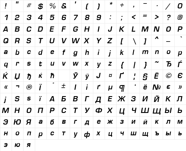 EuropeDemi Italic  glyph index