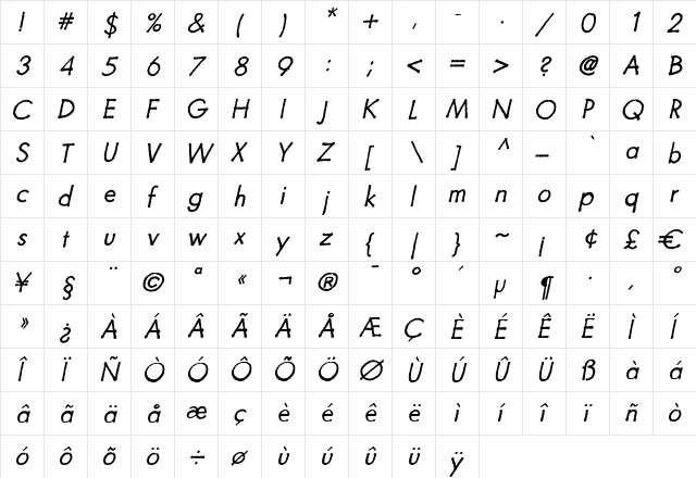 Futuramano Light Italic  glyph index