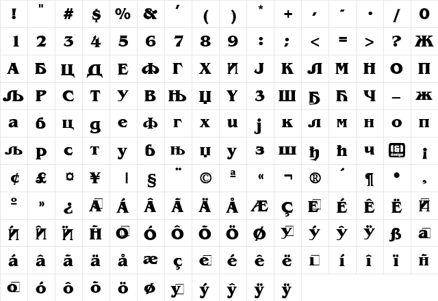 BenguiatCirilica Bold  glyph index