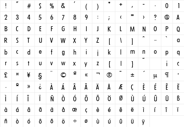 LimerickCond-Serial Regular  glyph index