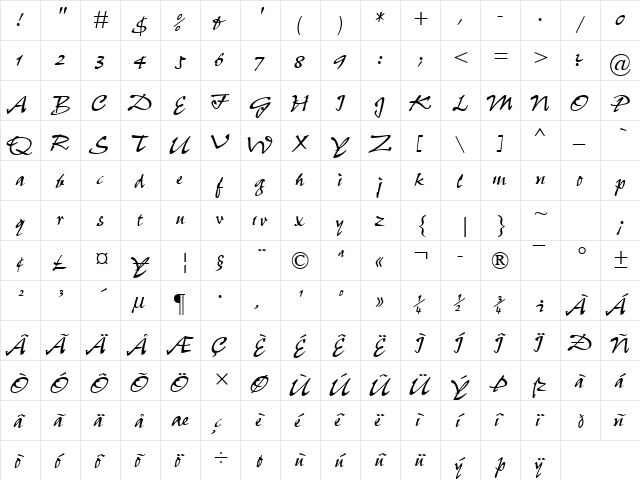 Pepita MT Regular  glyph index