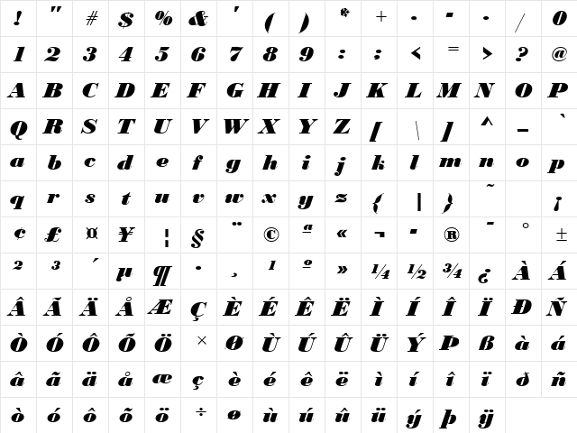 BodoniH Bold Italic  glyph index