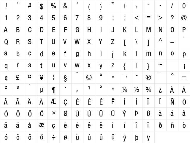 Helvetica Neue LT Com 57 Condensed  glyph index