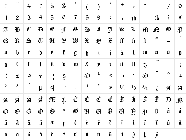 OldeEnglish Regular  glyph index