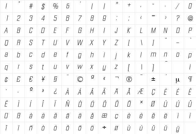 DiamanteSerial-Xlight Italic  glyph index