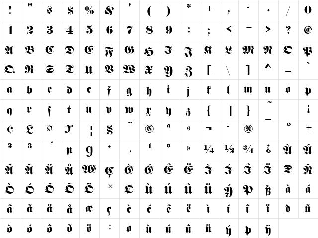 Fette Becker Fraktur Regular  glyph index