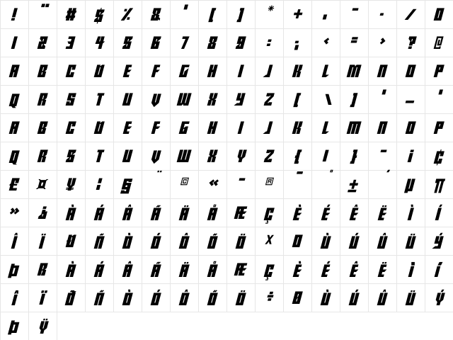 From Beyond Italic  glyph index
