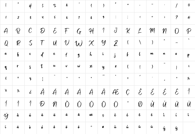 Bridgeriden Regular  glyph index
