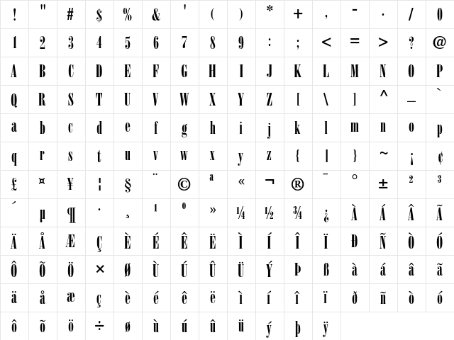 Bodoni Poster Compressed  glyph index