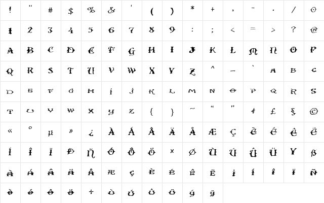 Ol' Wes' Rustik for Mac Medium  glyph index