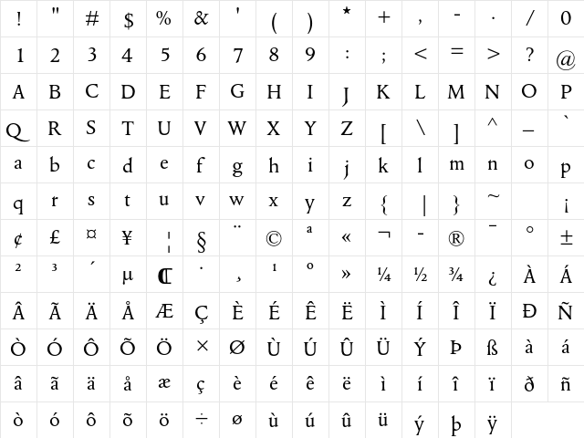 Columbus MT Std Regular  glyph index