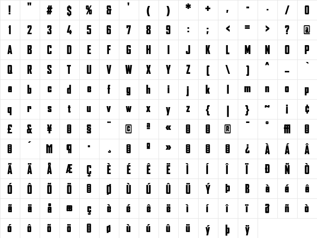 AgencyFB Regular  glyph index