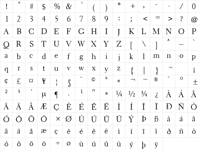 Elante Regular  glyph index