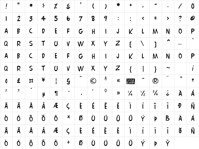 Comix Regular  glyph index