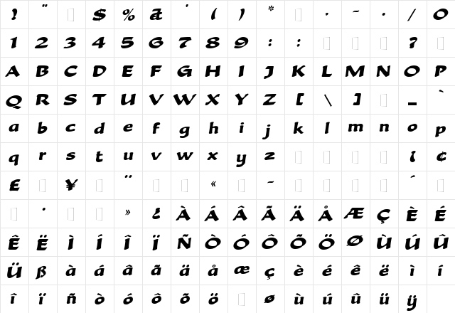 Becka Script Regular  glyph index