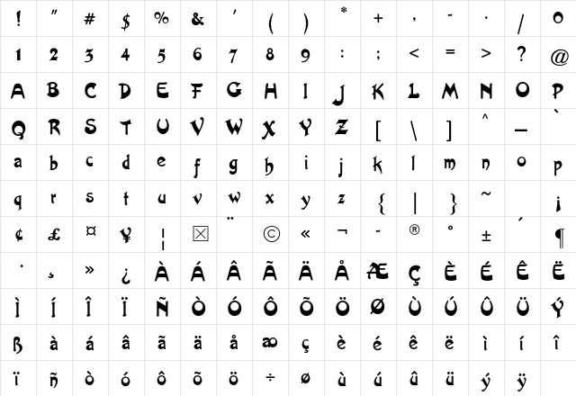 Artistik Std Regular  glyph index