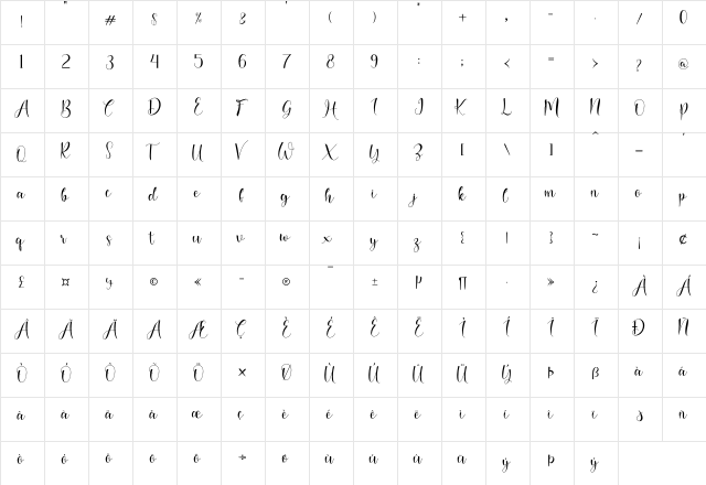 shadella Regular  glyph index