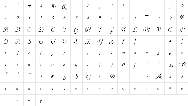 Florentine Cursive Regular  glyph index