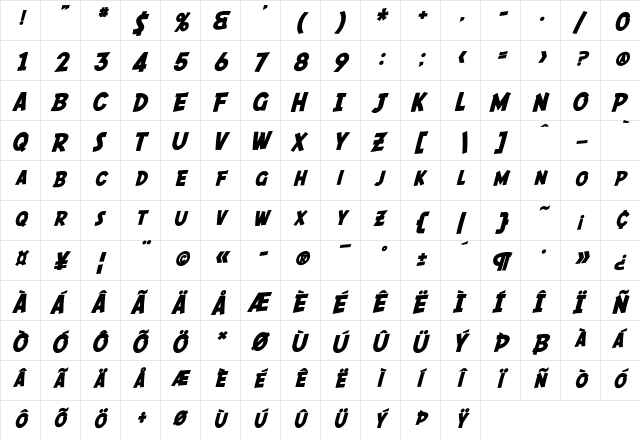 SF Comic Script Bold  glyph index