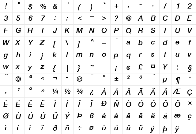 Helvetica Neue LT Com 66 Medium Italic  glyph index