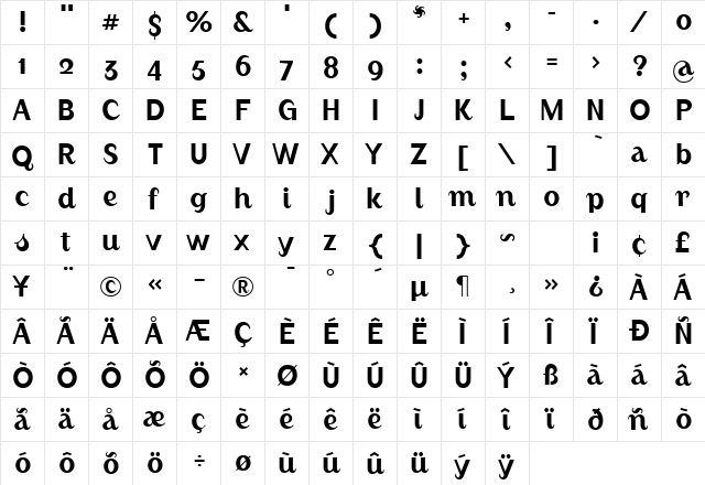 AugustRegularAlternate Regular  glyph index