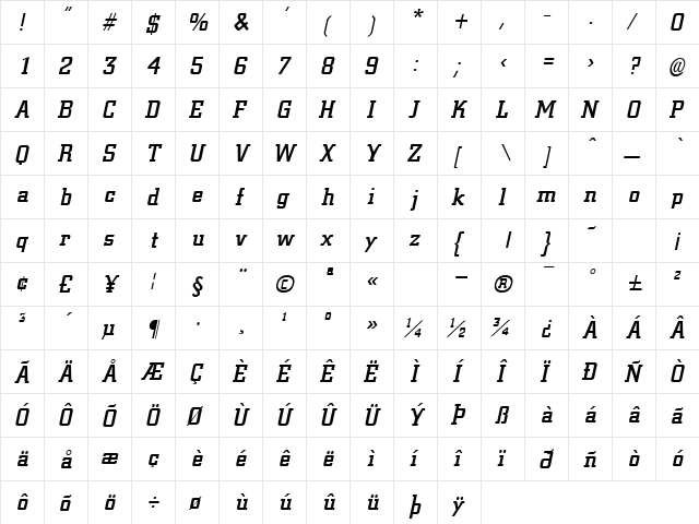 GE Civlized Bold Italic  glyph index