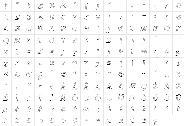 ChristianBeckerOutline Bold Italic  glyph index