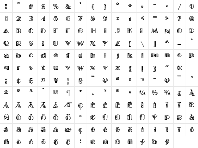 Broadway 'Corroded' Regular  glyph index