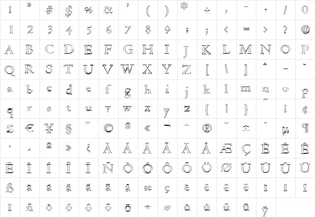 JohnBeckerOutline Regular  glyph index