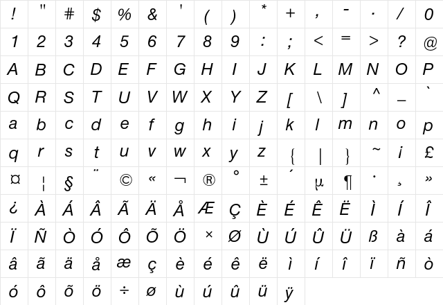Neue Helvetica BQ Regular  glyph index